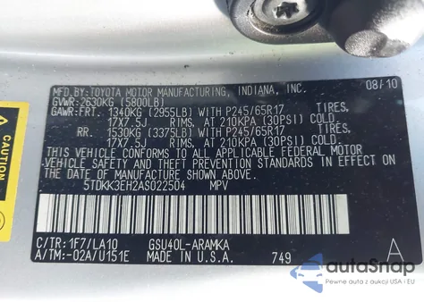 2010 Toyota Highlander Se V6 from USA, damaged, VIN 5TDKK3EH2AS022504